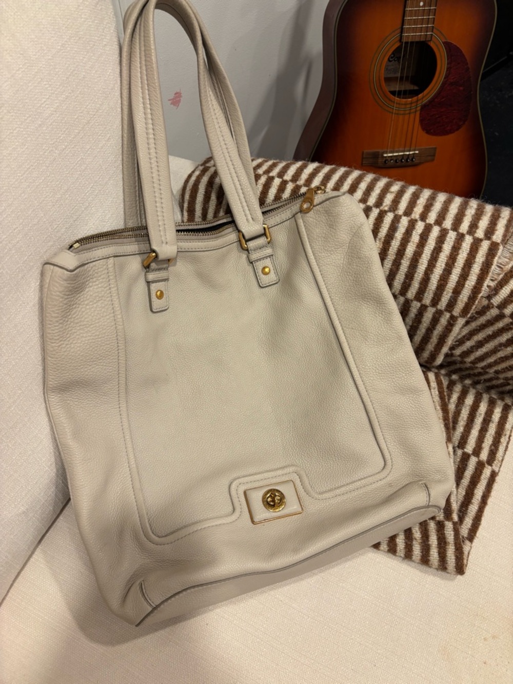 Marc by Marc Jacobs Cream Pebbled Leather Tote with Gold Turn-Lock